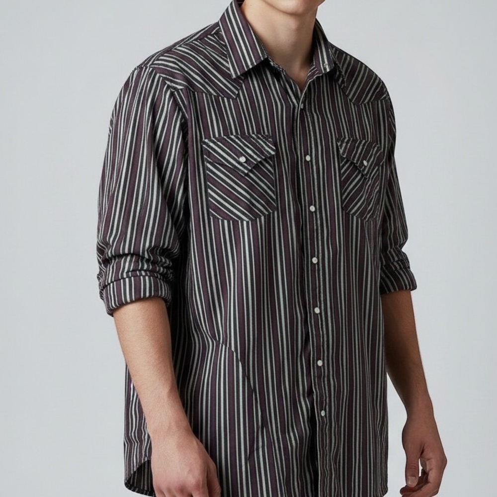 Plains Western Wear Shirt Mens XLT Black Striped Pearl Snap Long Sleeve Tall